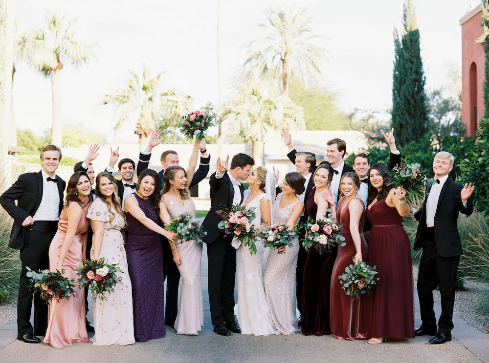 Bridal Party in tuxes and mixed dresses at Omni Montelucia Scottsdale.