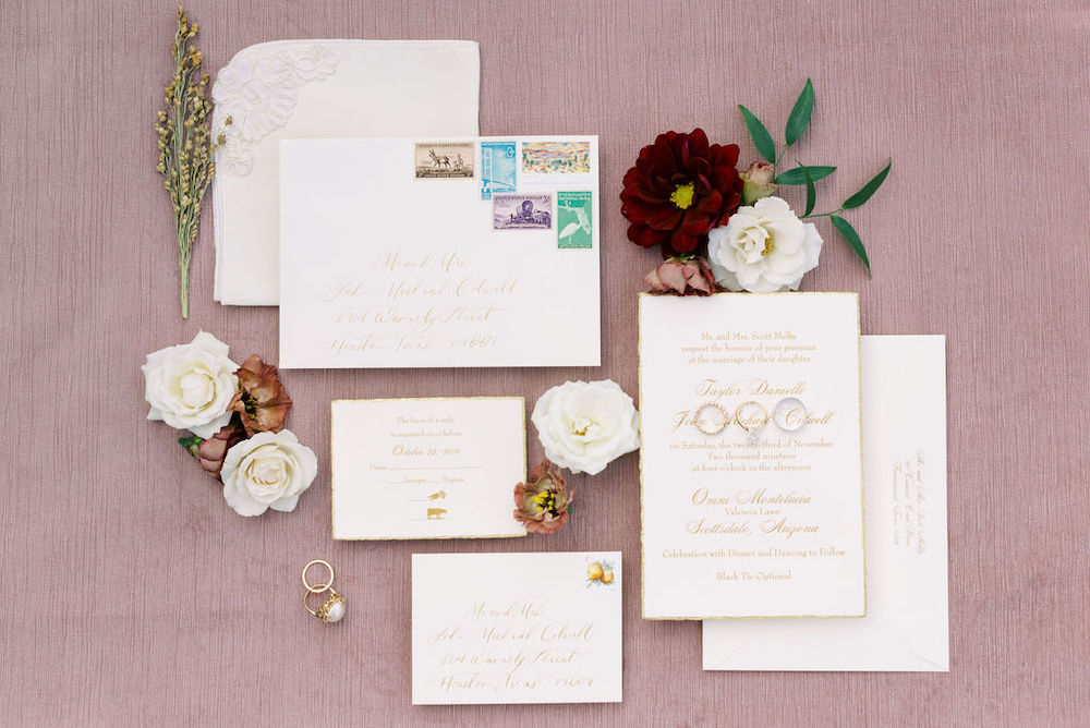 Gold Wedding Invitation Suite with blush and burgundy flowers.
